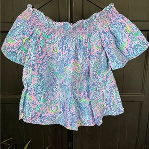 Lilly Pulitzer Pink Blue Green Off-the-Shoulder Ruffle Leanne Blouse